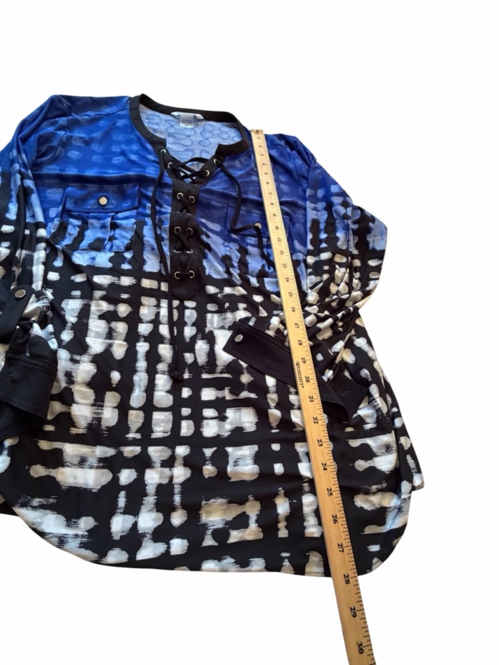 Nygard Blue and Black Graphic Lace-Up Ladies Blouse long Sleeves -Size 2X - Picture 2 of 6